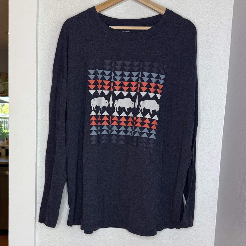 Ariat Relaxed Fit XXL Navy Buffalo Long Sleeve T Shirt Western outdoors Cowboy